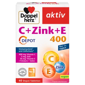 Illustration of the product packaging Doppelherz aktiv C + Cink + E 400 DEPOT  front view